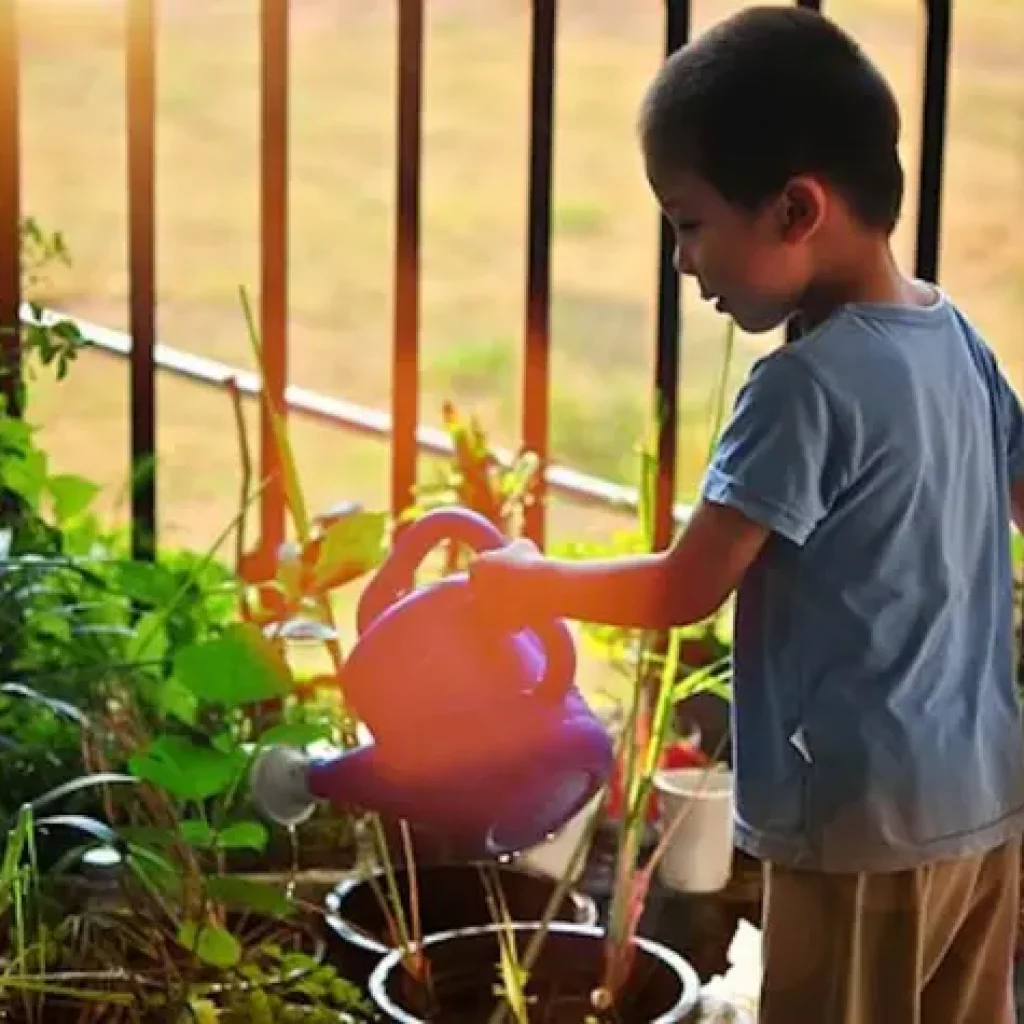 Un jeune enfant arrosant des plantes dans un petit potager, symbolisant l’importance de sensibiliser les enfants à l’écologie dès leur plus jeune âge.
